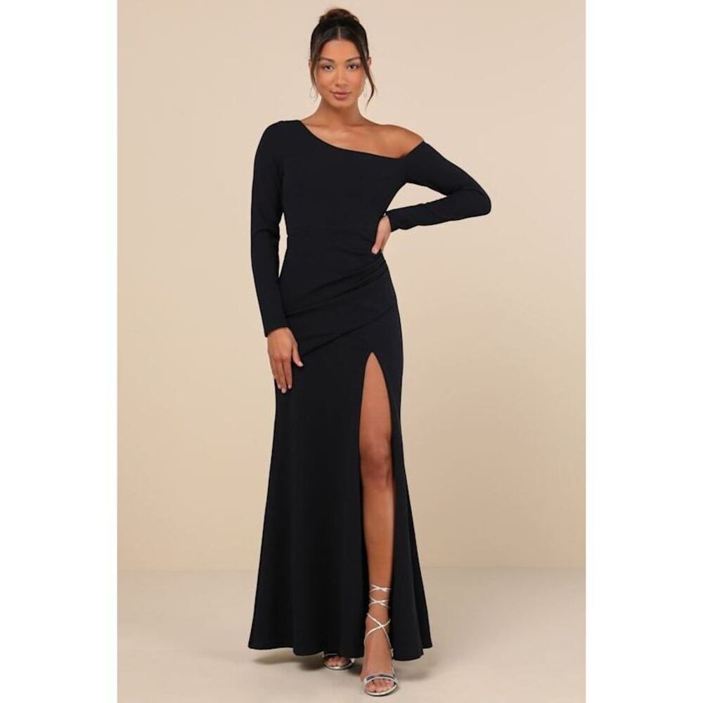 Lulus Elegant Sensation Navy Blue Asymmetrical Pleated Maxi Dress - Size XL